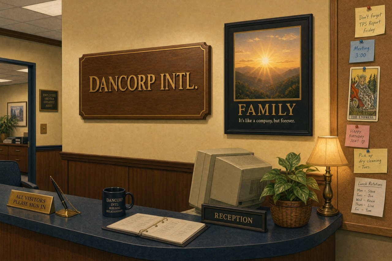 Illustration of the Dancorp reception desk: wood-veneer sign, framed FAMILY motivational poster, a corkboard with a tarot card pinned among the memos